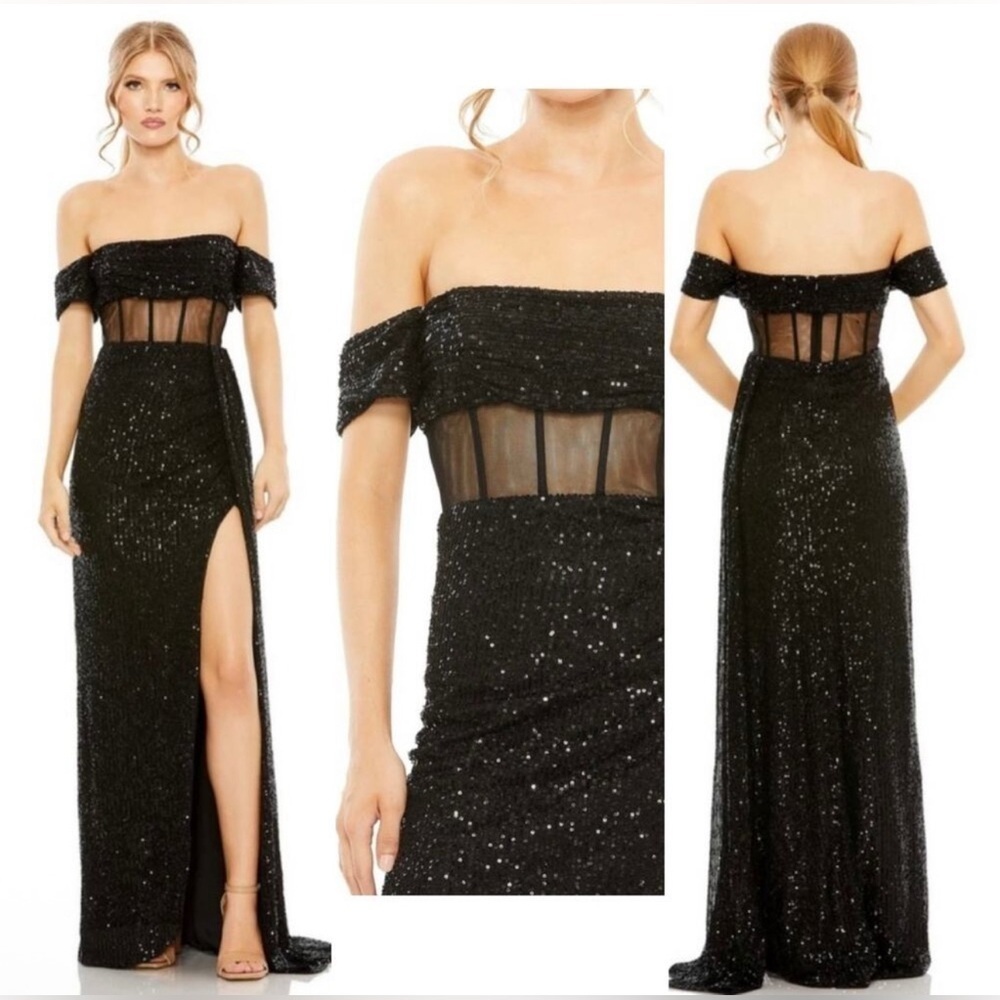 NWT Mac Duggal 11665 Illusion Midriff Corset Off-The-Shoulder Dress‎